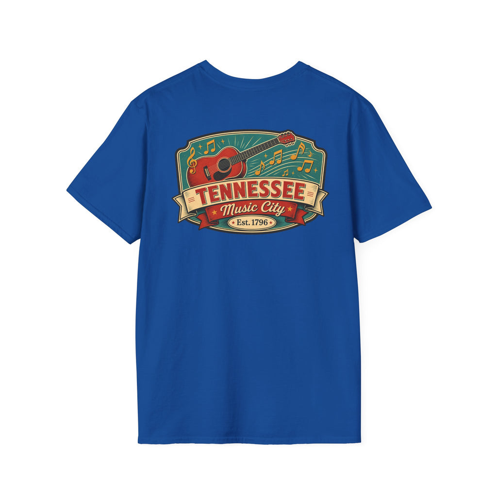 Royal blue graphic T-shirt with Tennessee Music City badge and guitar