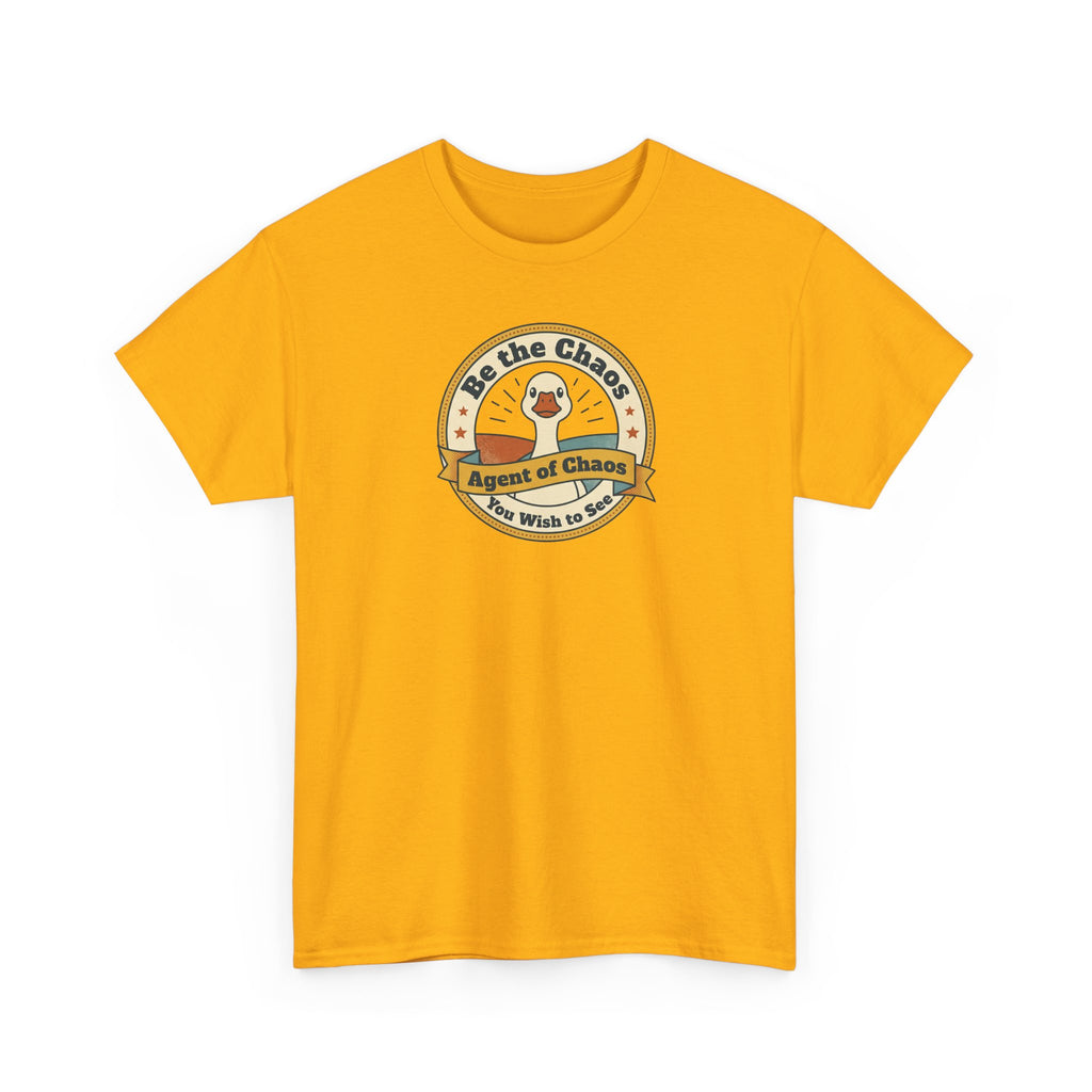 Orange crewneck T-shirt with short sleeves and circular duck emblem graphic
