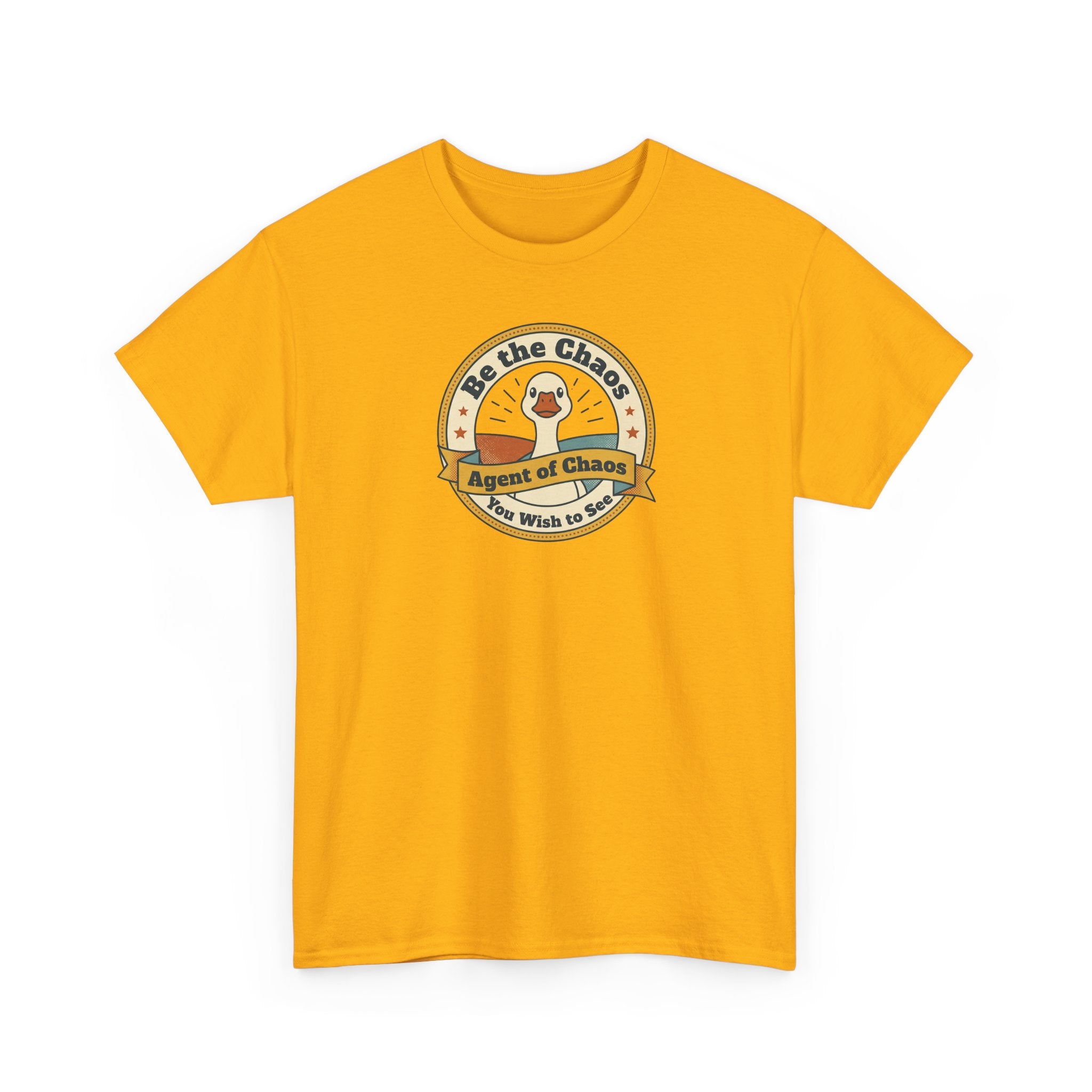 Orange crewneck T-shirt with short sleeves and circular duck emblem graphic