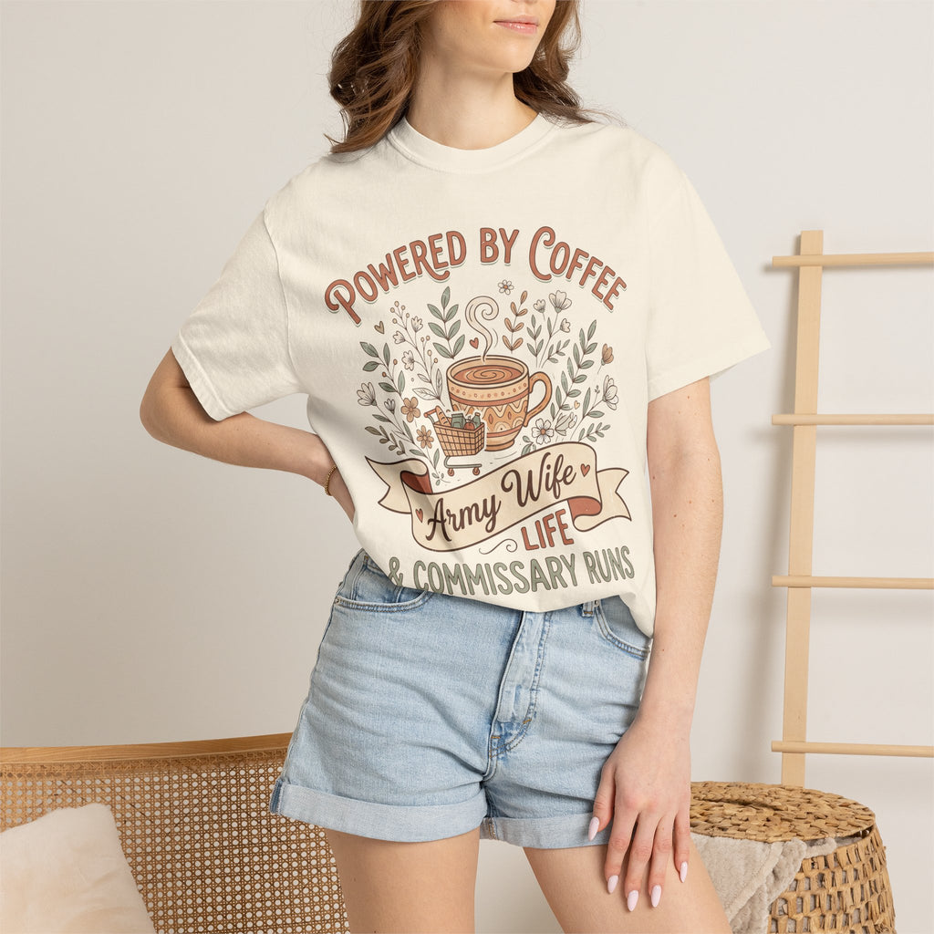 Cream T-shirt worn by woman with coffee-themed text graphic and coffee cup illustration