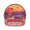 Die-cut sticker featuring Georgia Just Peachy lettering, peach artwork, and Est. 1788