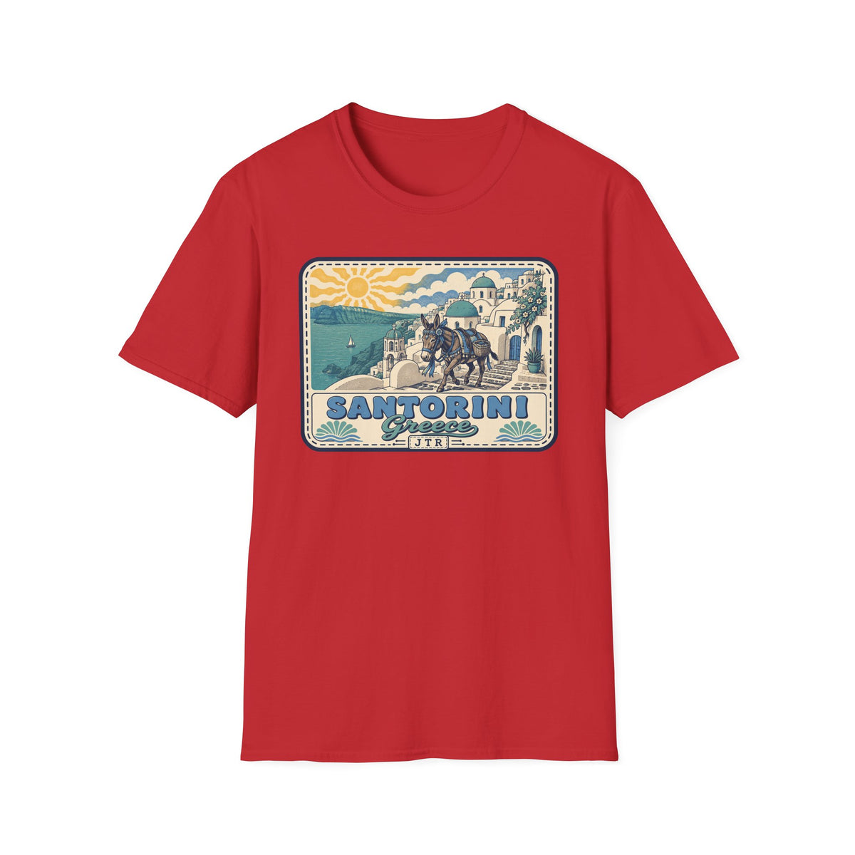 Red T-shirt with Santorini vintage travel graphic print