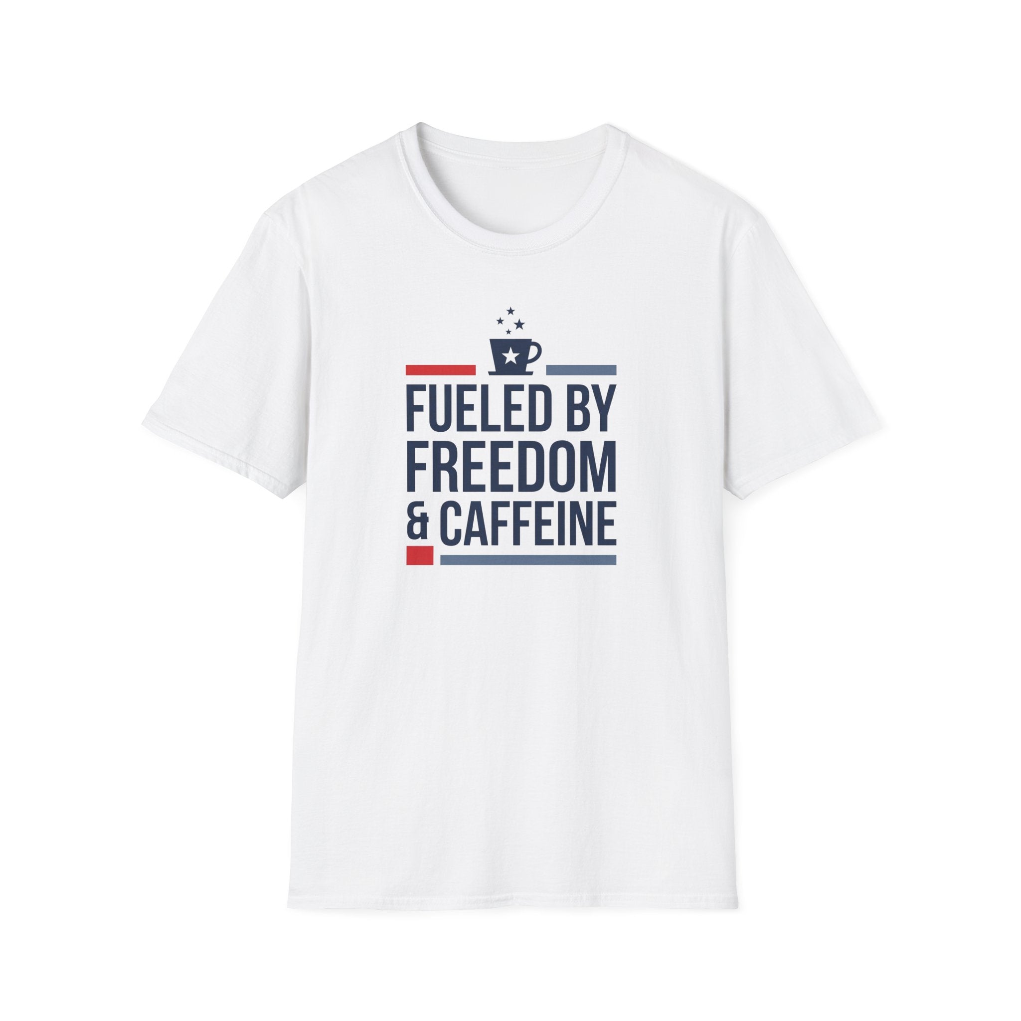 White crew-neck T-shirt with front graphic and text “Fueled by Freedom & Caffeine”