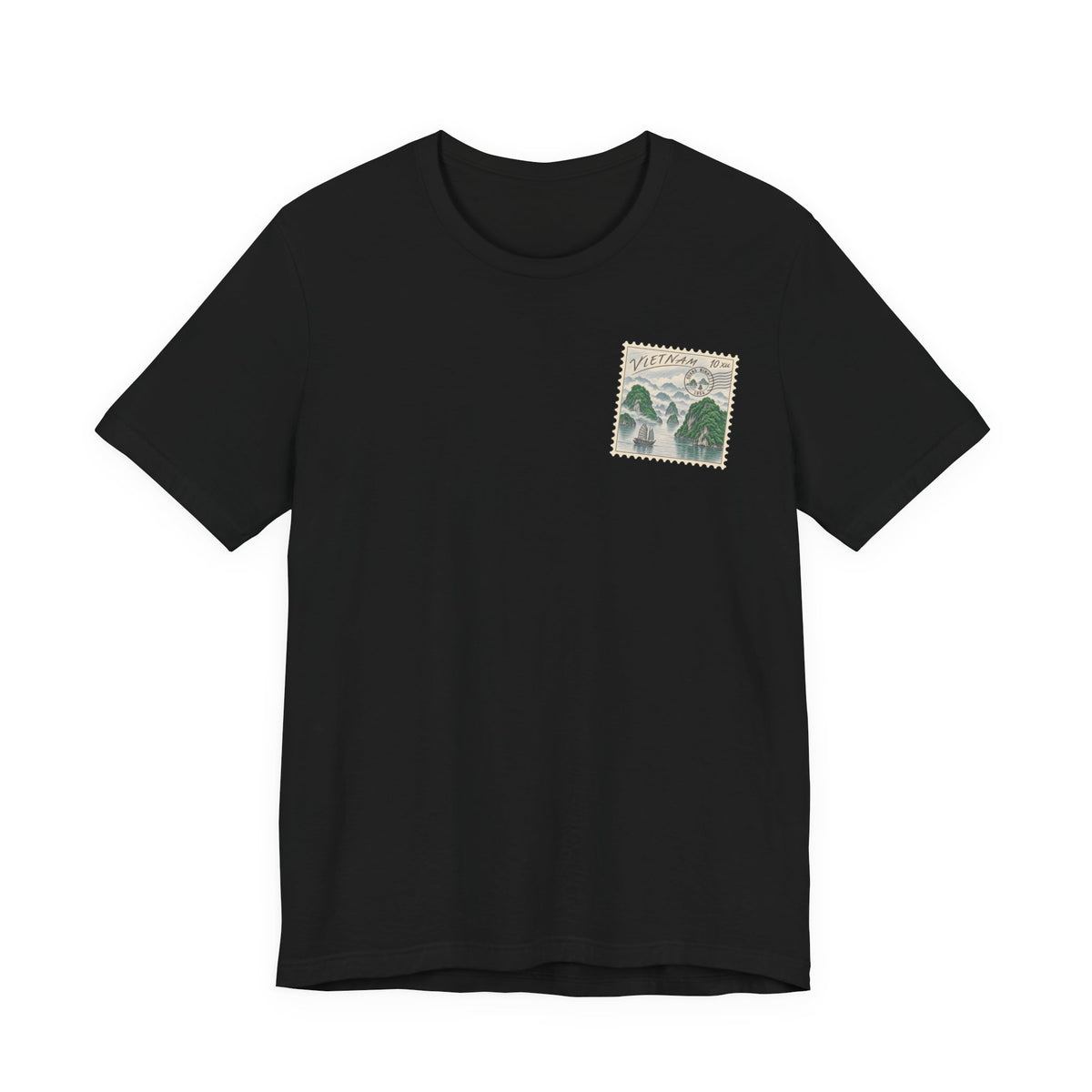 Black travel t-shirt with small vintage postage stamp-style Ha Long Bay graphic on chest.
