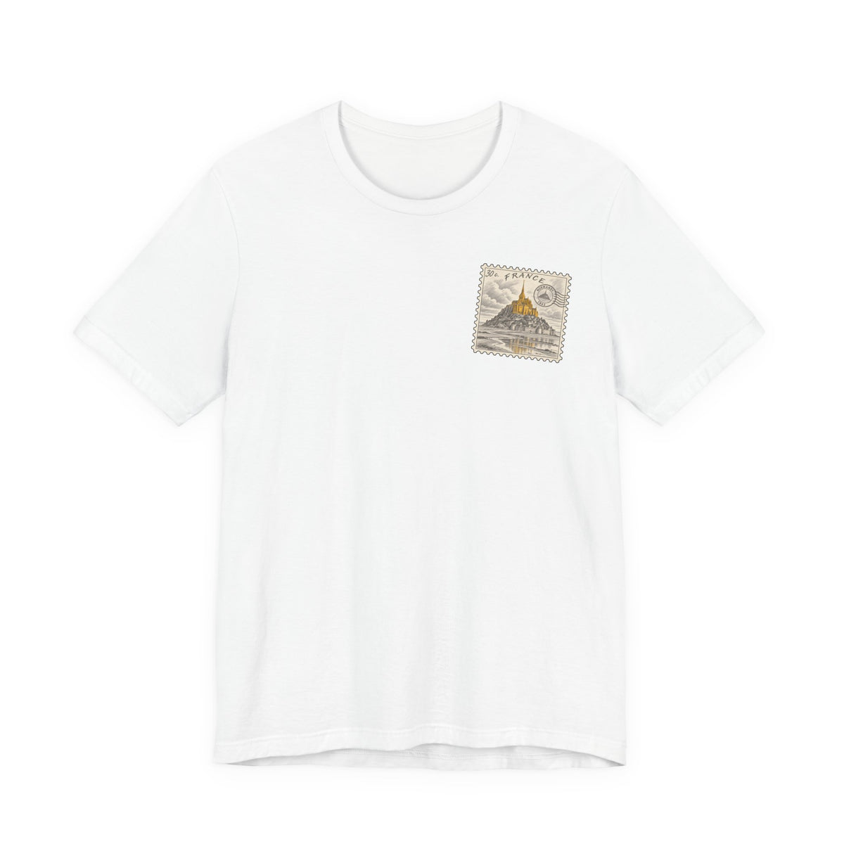 White T-shirt with small vintage postage stamp graphic on left chest.