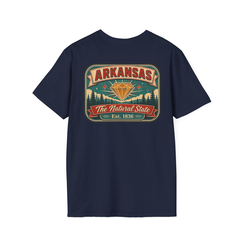 Crewneck T-shirt in navy with Arkansas “Natural State” badge graphic
