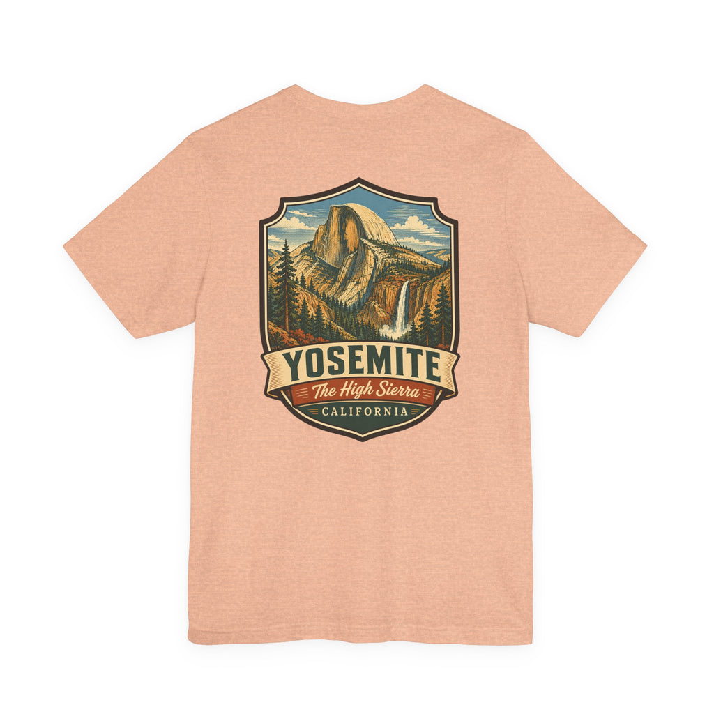 Heather peach Yosemite graphic T-shirt with mountain shield logo and “The High Sierra”