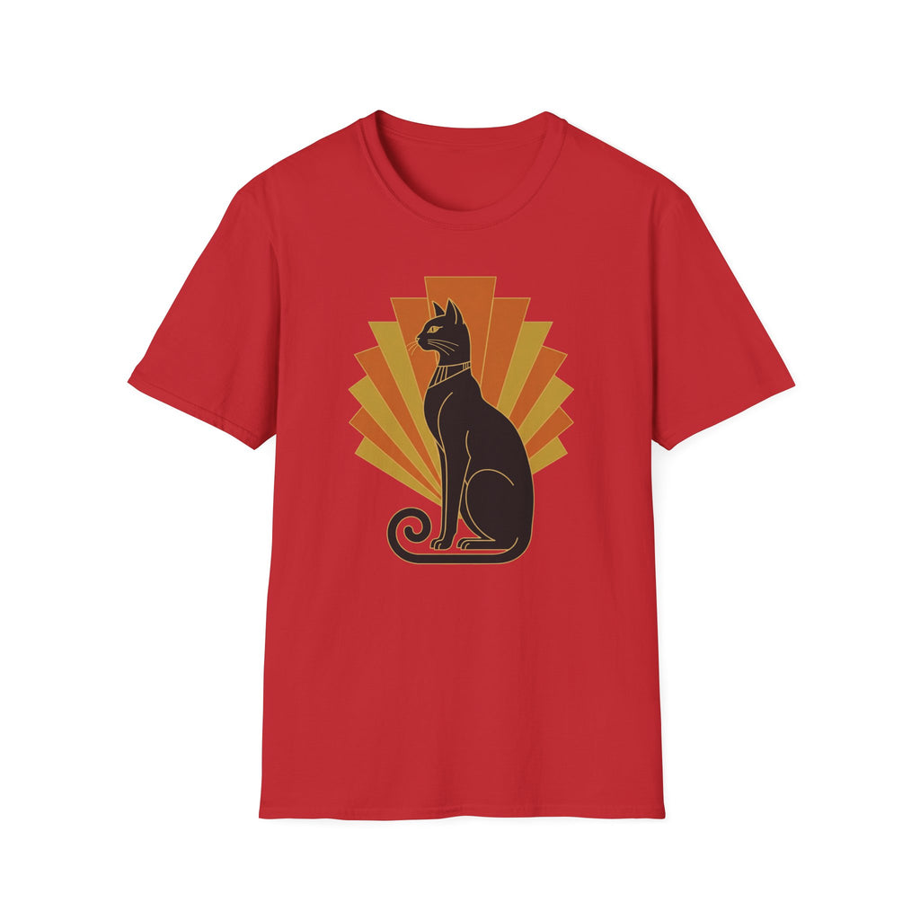 Red short-sleeve cat graphic T-shirt with orange-yellow sunburst print