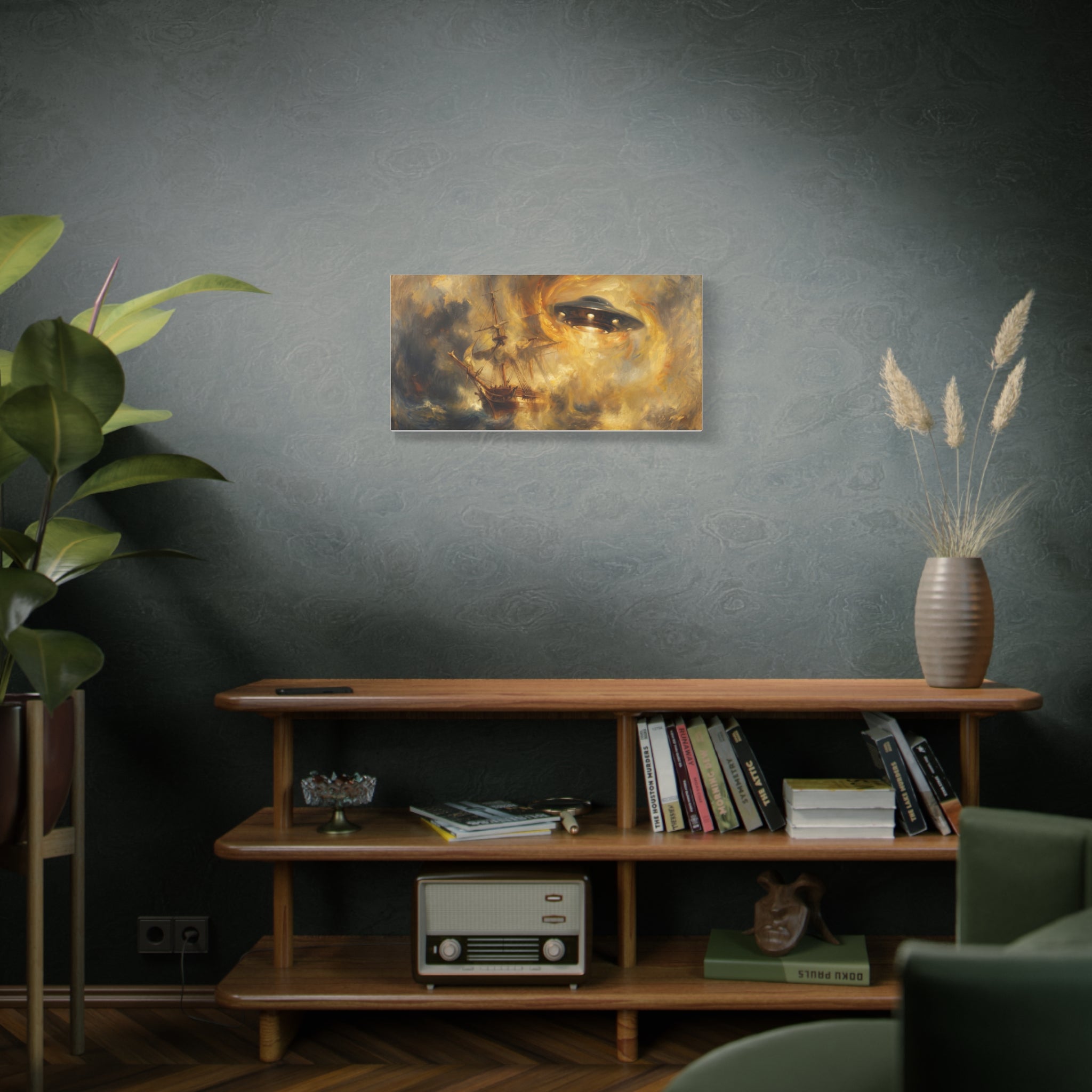 Rectangular canvas wall art featuring a UFO above a stormy galleon, warm amber and dark