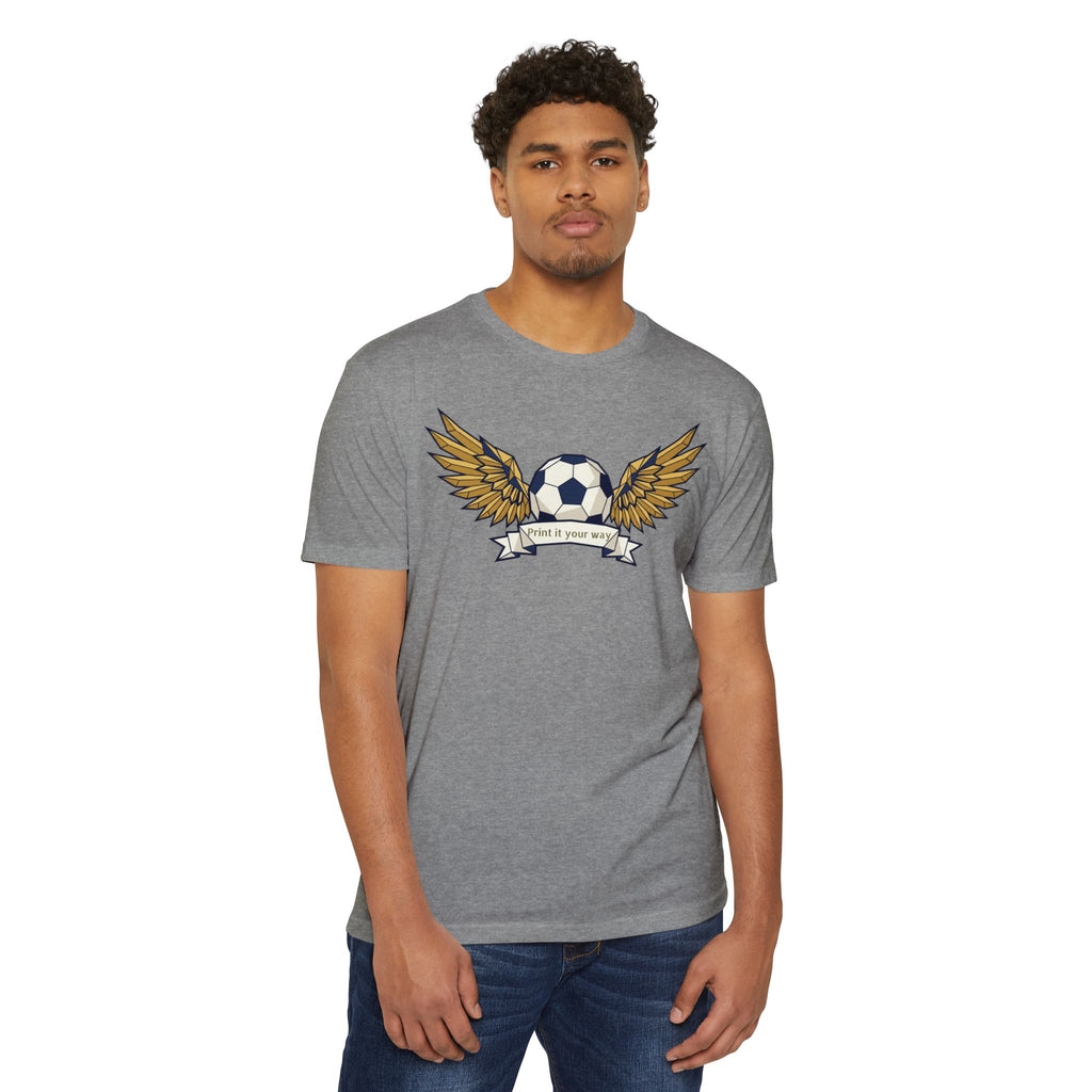 Gray unisex soccer graphic T-shirt with winged ball design on the chest.