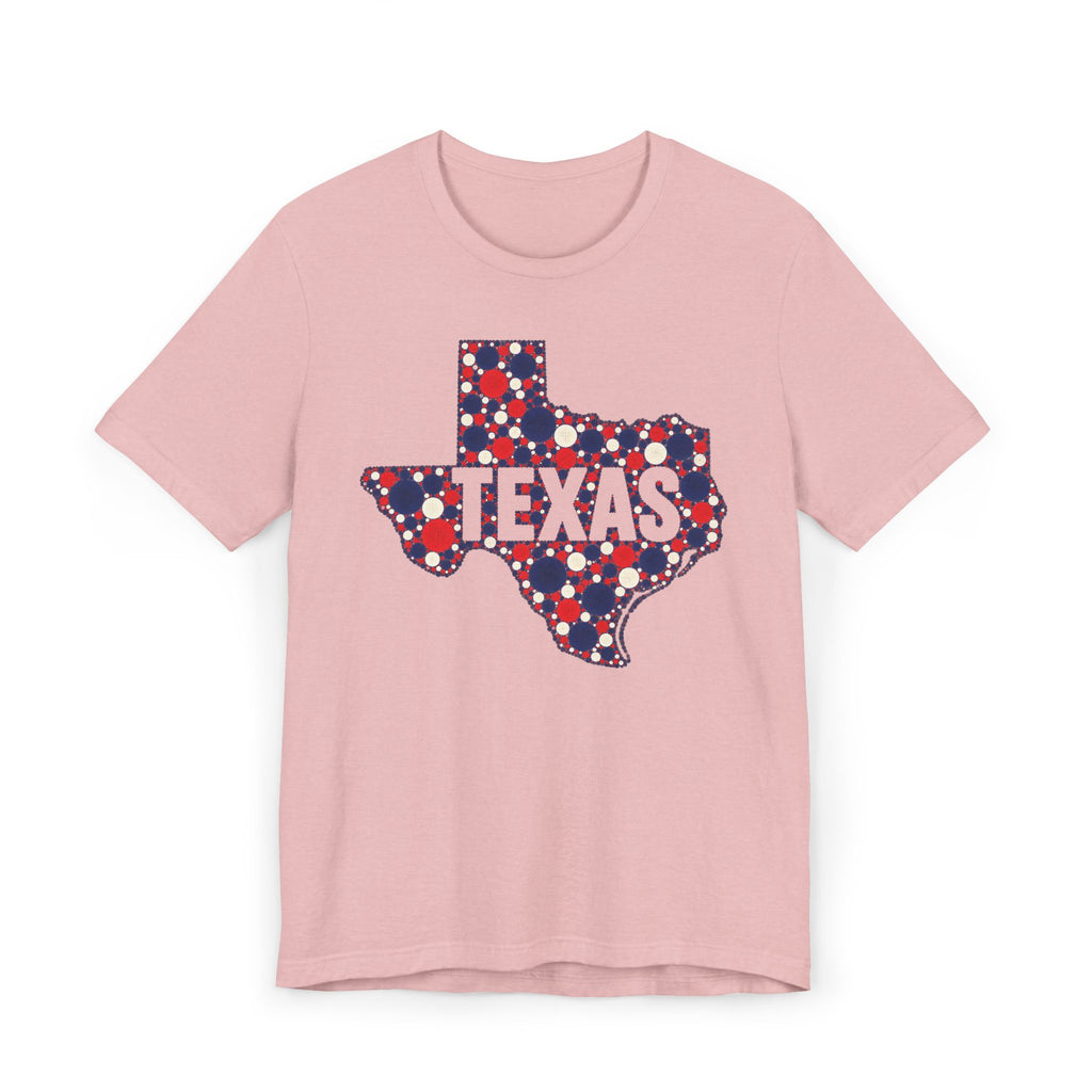 Rose pink T-shirt with polka dot Texas outline graphic and bold TEXAS text