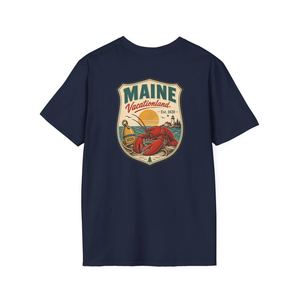 Navy T-shirt with vintage Maine badge and red lobster graphic at the chest