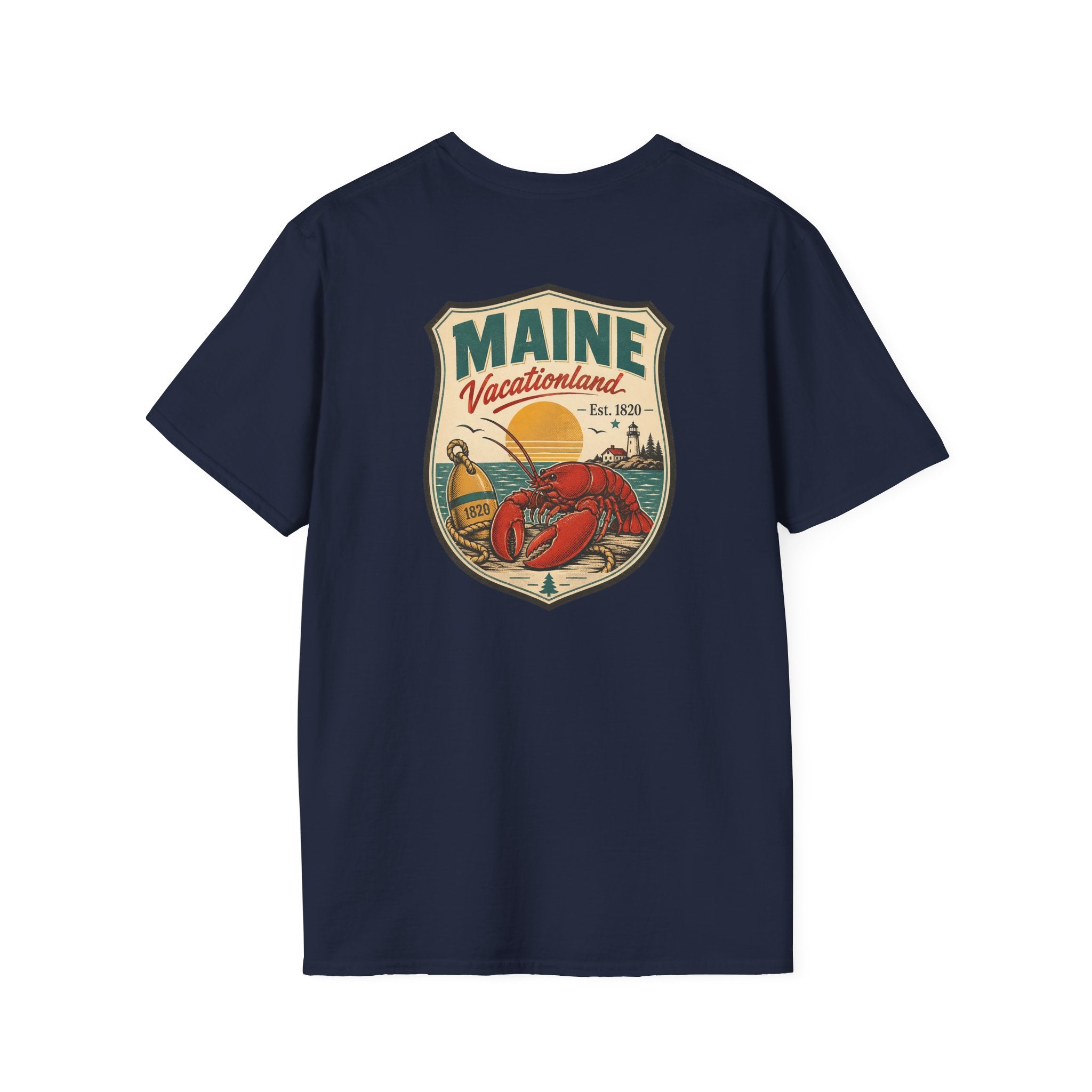 Navy T-shirt with vintage Maine badge and red lobster graphic at the chest
