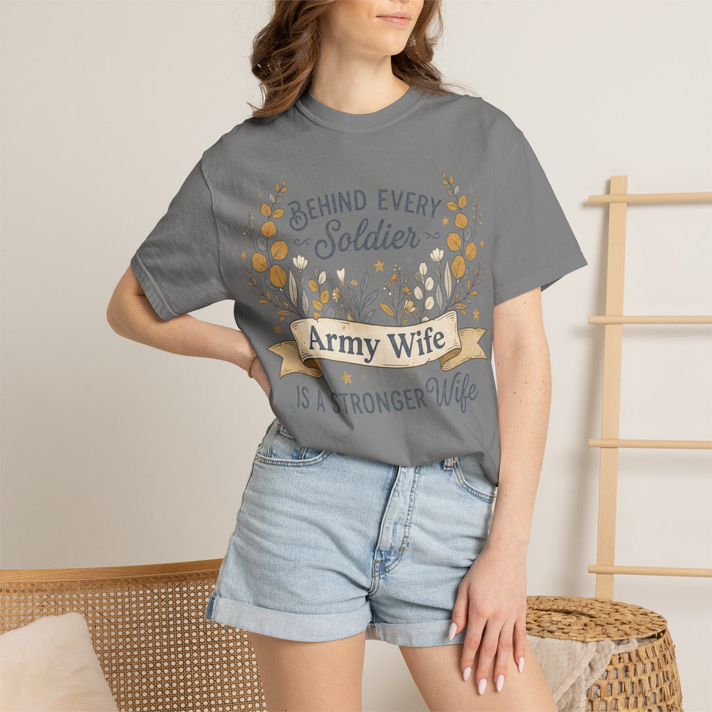 Gray t-shirt with floral “Behind Every Soldier” “Army Wife” “stronger wife”