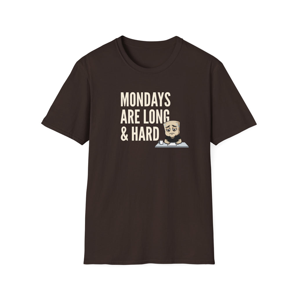 Brown T-shirt with “MONDAYS ARE LONG & HARD” graphic and cartoon coffee mug