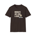 Brown T-shirt with “MONDAYS ARE LONG & HARD” graphic and cartoon coffee mug