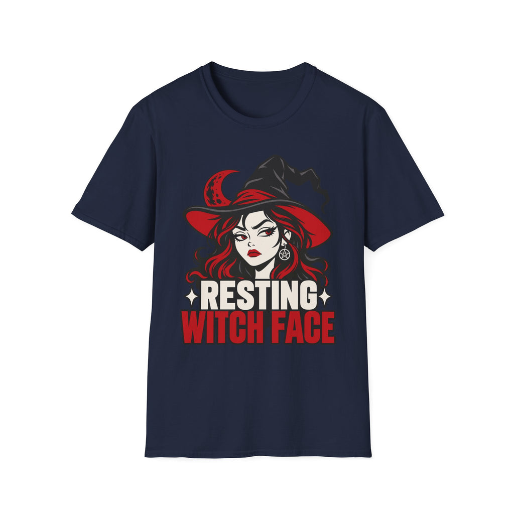 Navy Halloween T-shirt with resting witch face graphic