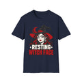 Navy Halloween T-shirt with resting witch face graphic