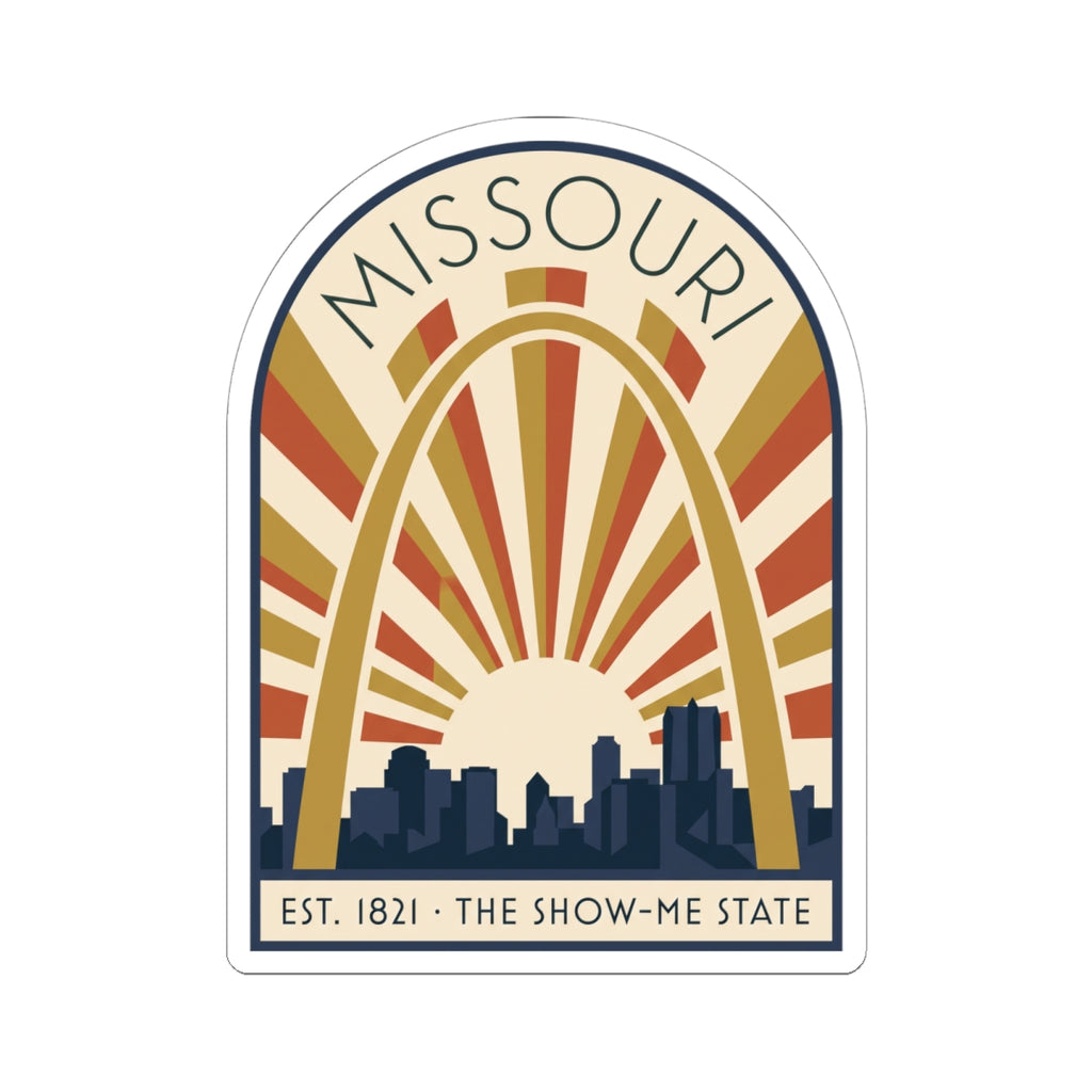 Missouri arch vinyl sticker with multicolor rays, dark skyline, and EST. 1821 banner
