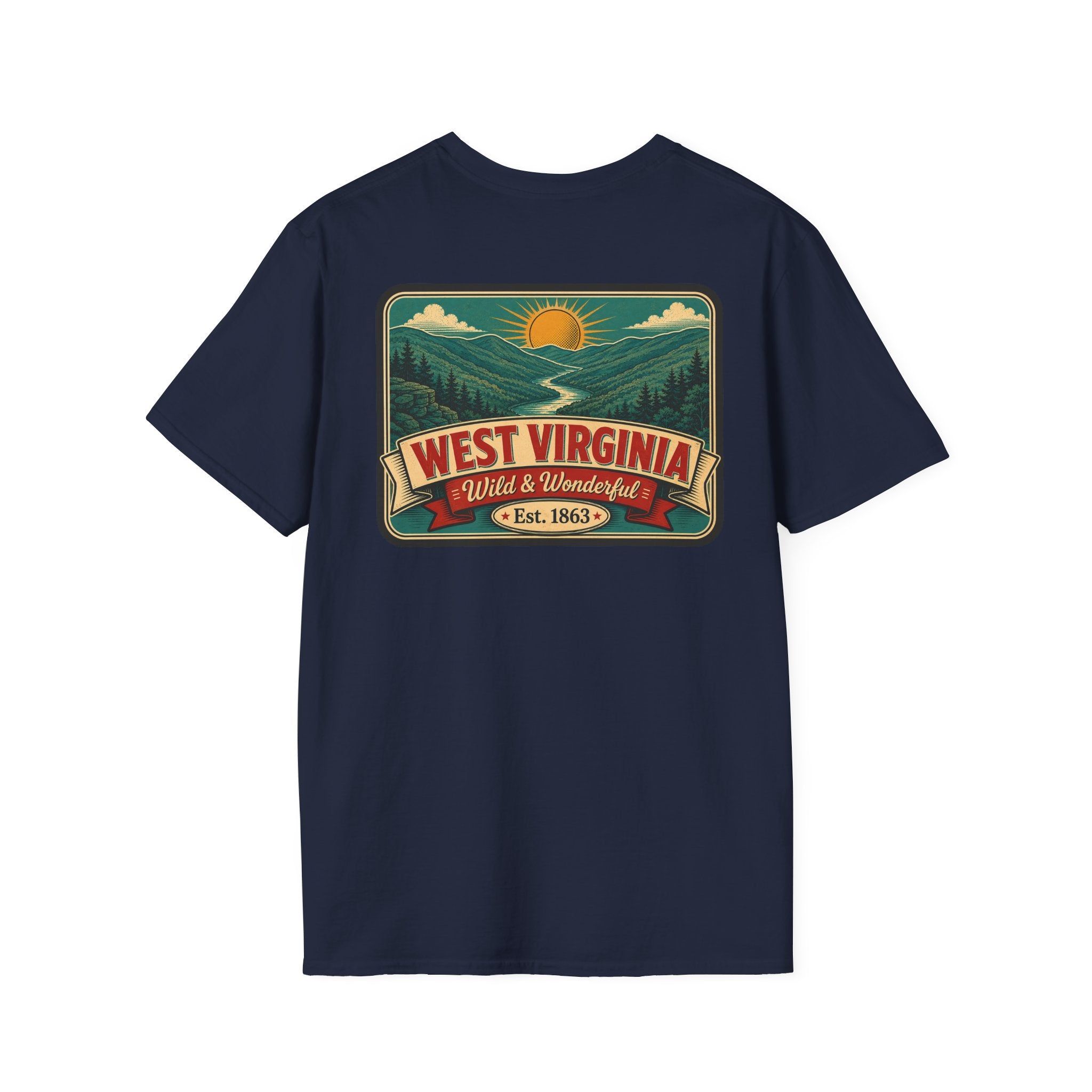 Navy West Virginia “Wild & Wonderful” graphic t-shirt, Est. 1863 badge.