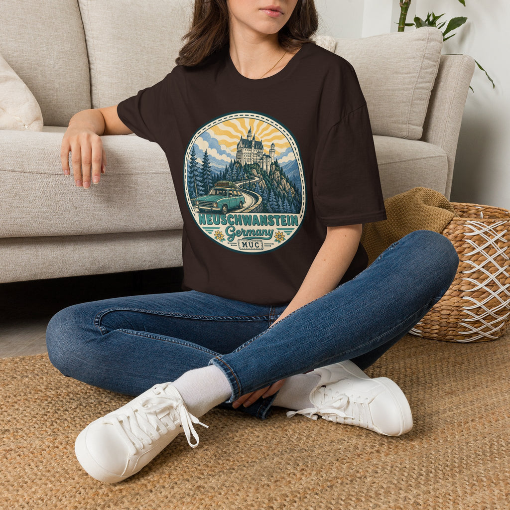 Dark brown graphic T-shirt with circular Neuschwanstein castle illustration on chest