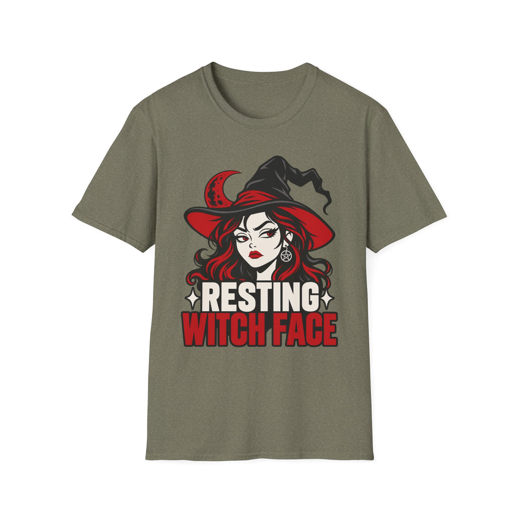 Olive green Halloween T-shirt with resting witch face graphic