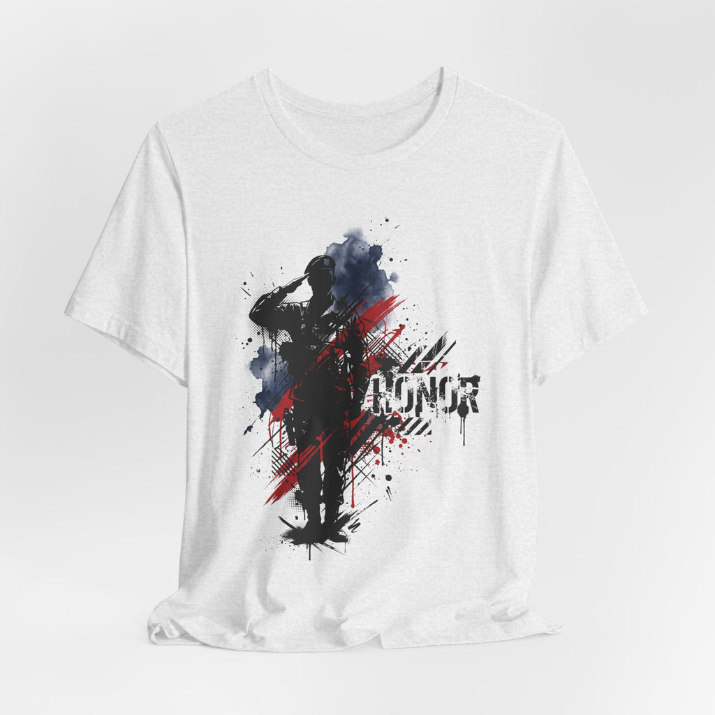 White T-shirt with black, blue, and red soldier silhouette graphic and paint-splatter print