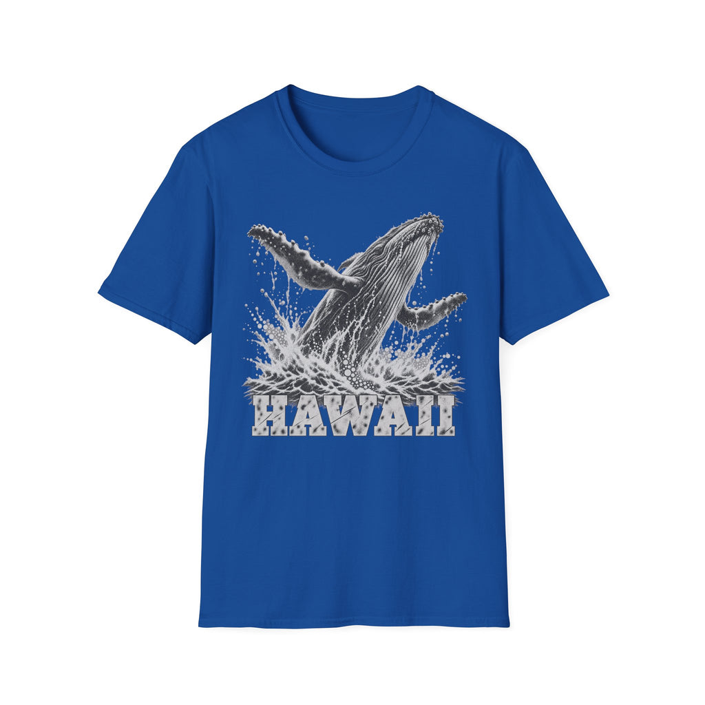 Royal blue crewneck T-shirt with white breaching humpback whale and “HAWAII” graphic