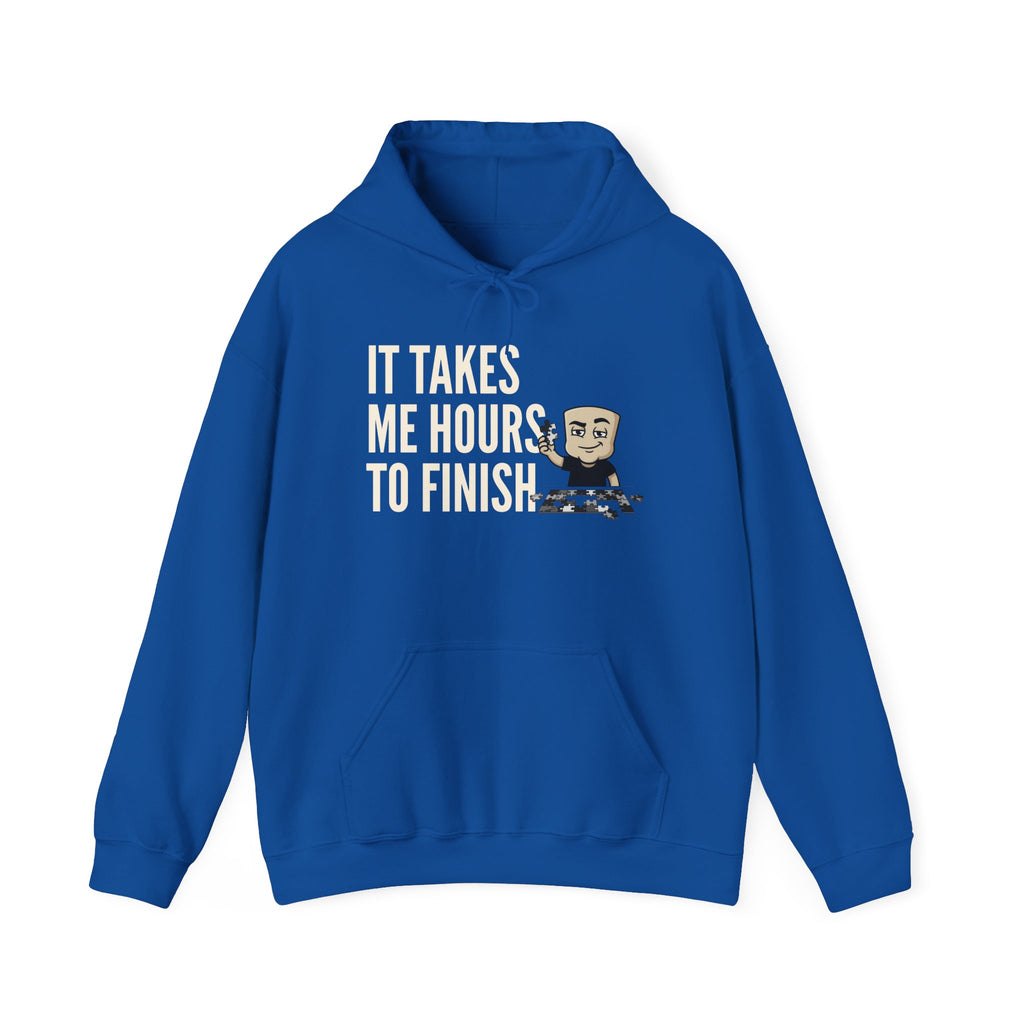 Royal blue hoodie with “IT TAKES ME HOURS TO FINISH” chess graphic