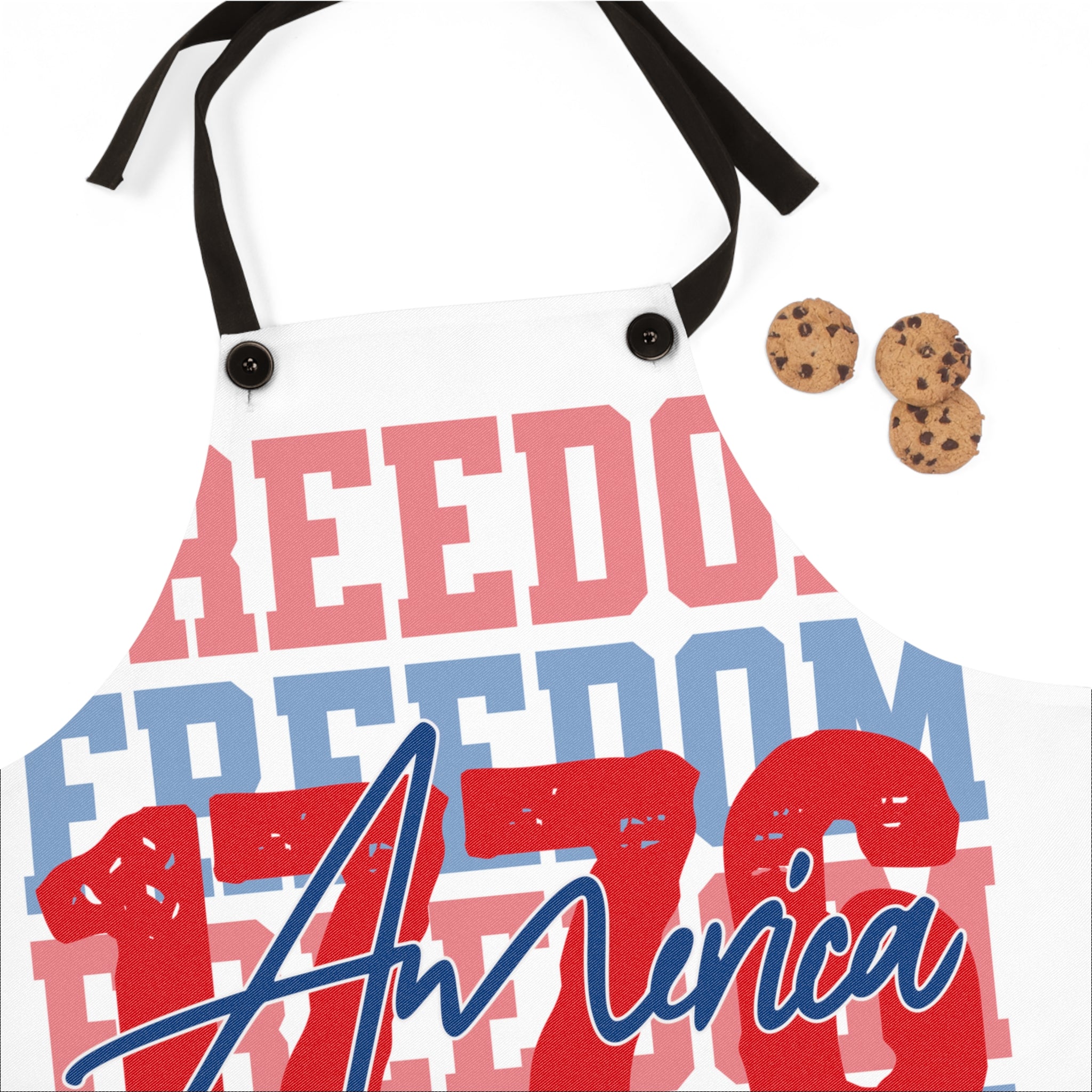 Patriotic apron front with red and blue lettering graphic, black neck ties