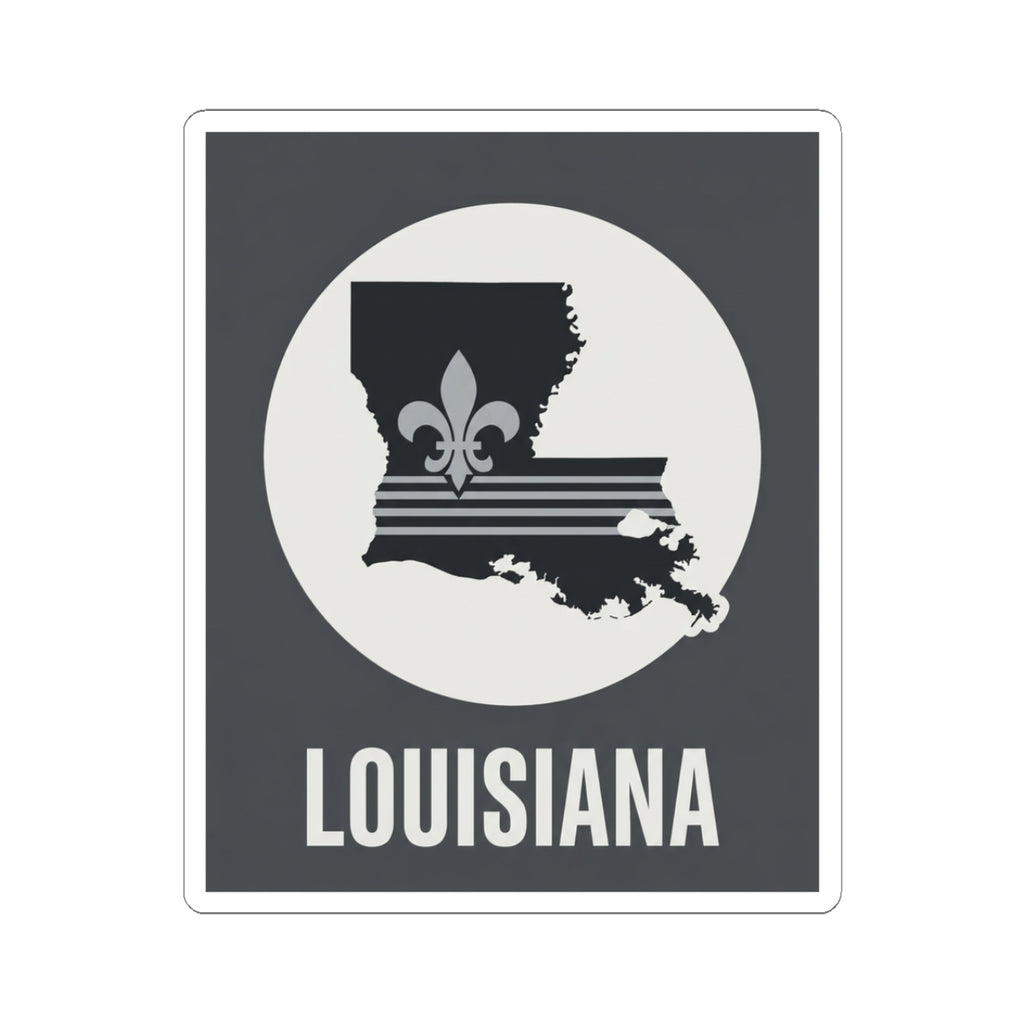 Louisiana fleur-de-lis kiss-cut sticker, black square with white circle and LOUISIANA text