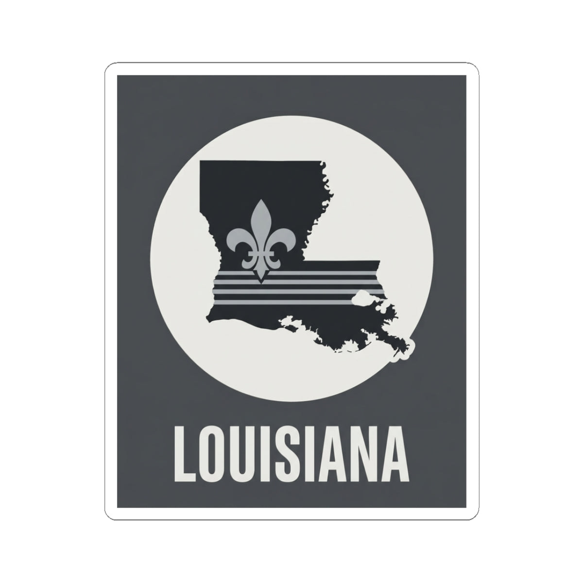 Louisiana fleur-de-lis kiss-cut sticker, black square with white circle and LOUISIANA text