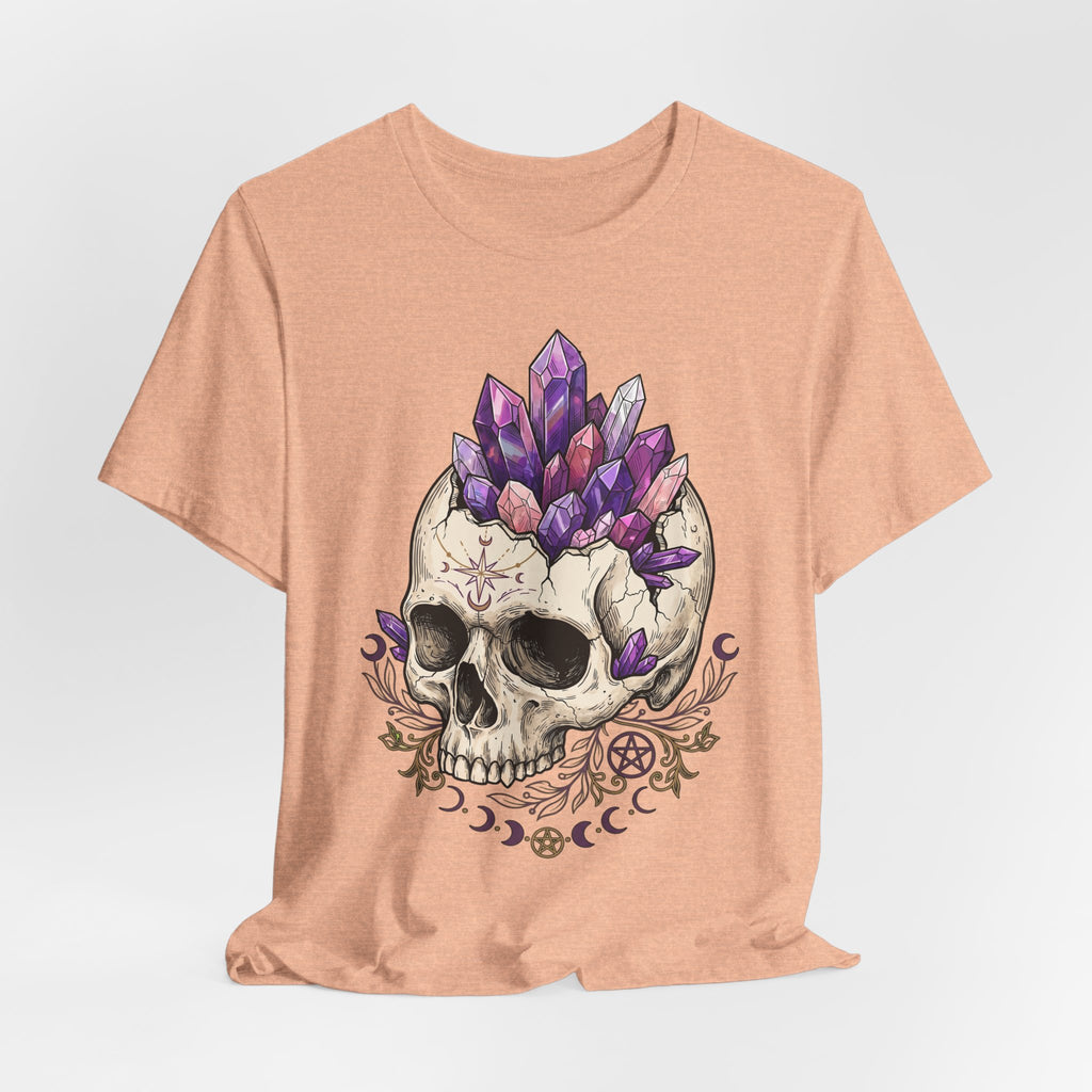 Amethyst crystal skull T-shirt in heather peach, full purple skull with decorative accents