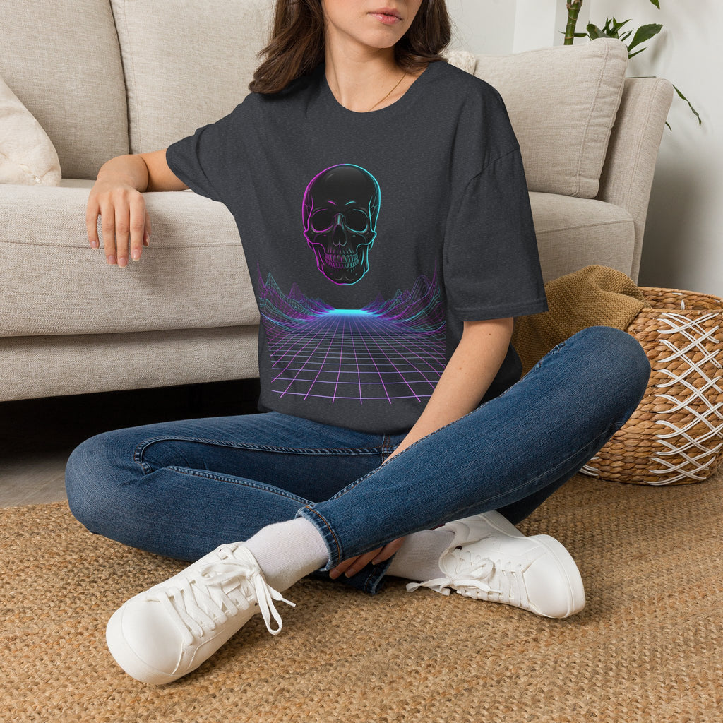 Dark heather grey unisex T-shirt with neon skull and purple grid horizon print.