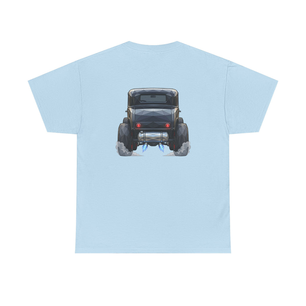 Light blue graphic T-shirt with vintage hot rod front and rear illustration