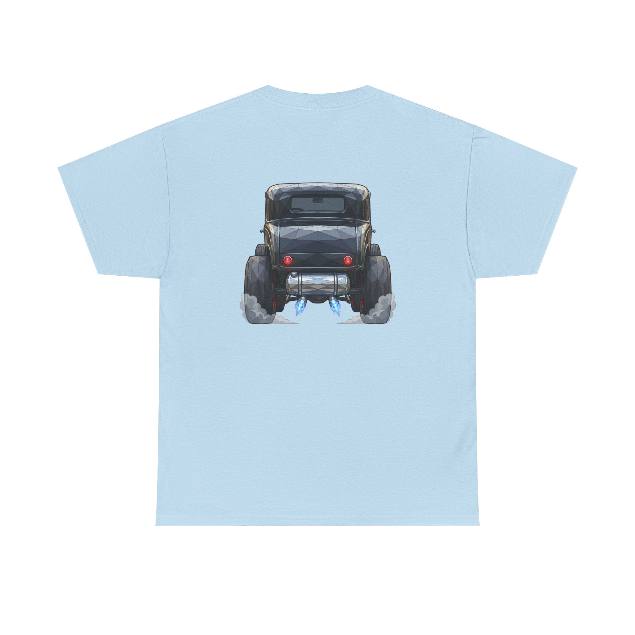 Light blue graphic T-shirt with vintage hot rod front and rear illustration