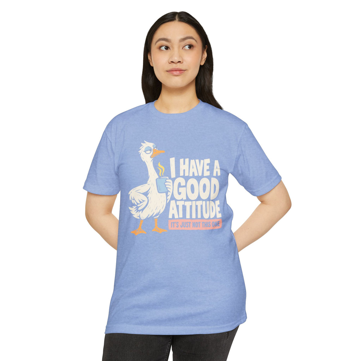Light blue graphic T-shirt with rooster attitude quote print, front view