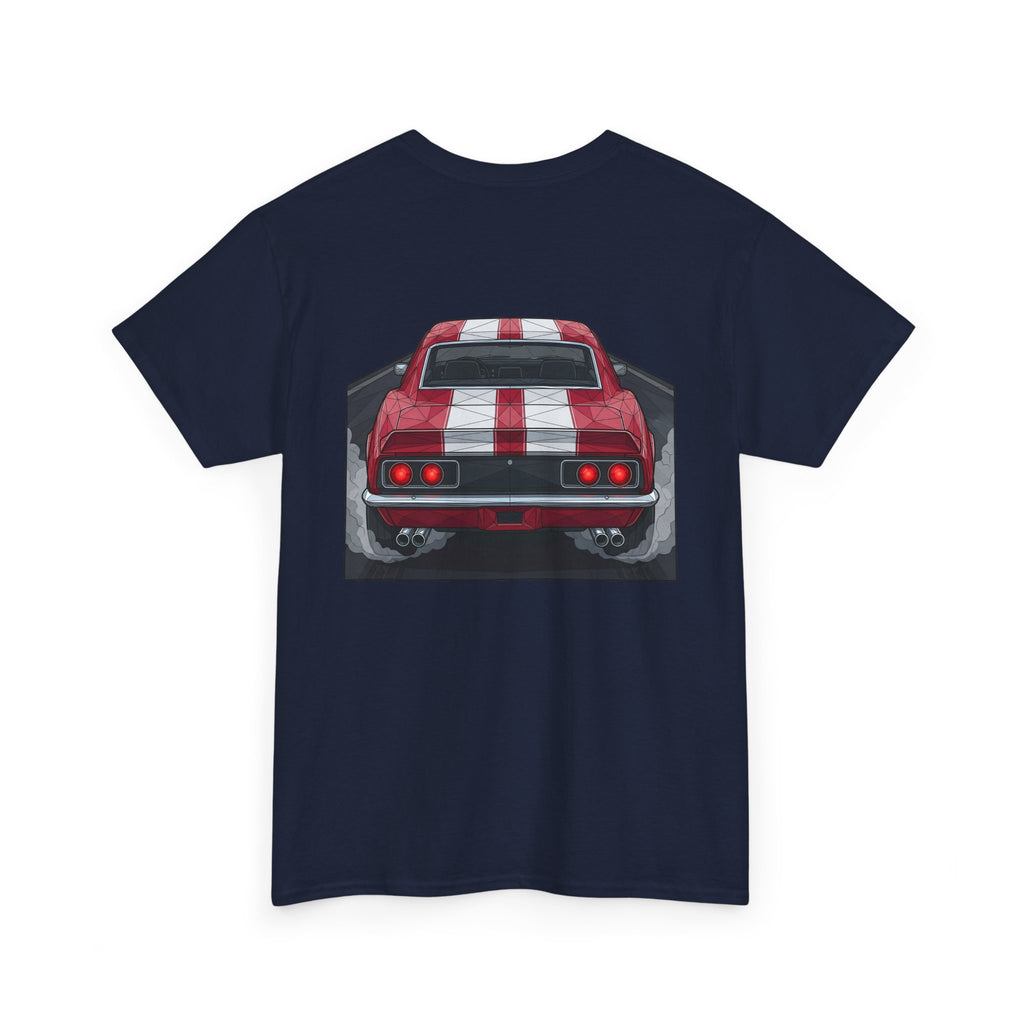 Navy muscle car graphic tee with rear view red car illustration