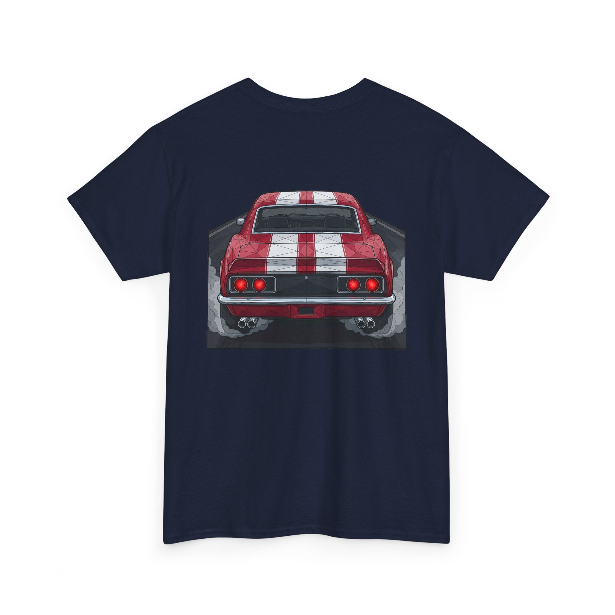 Navy muscle car graphic tee with rear view red car illustration