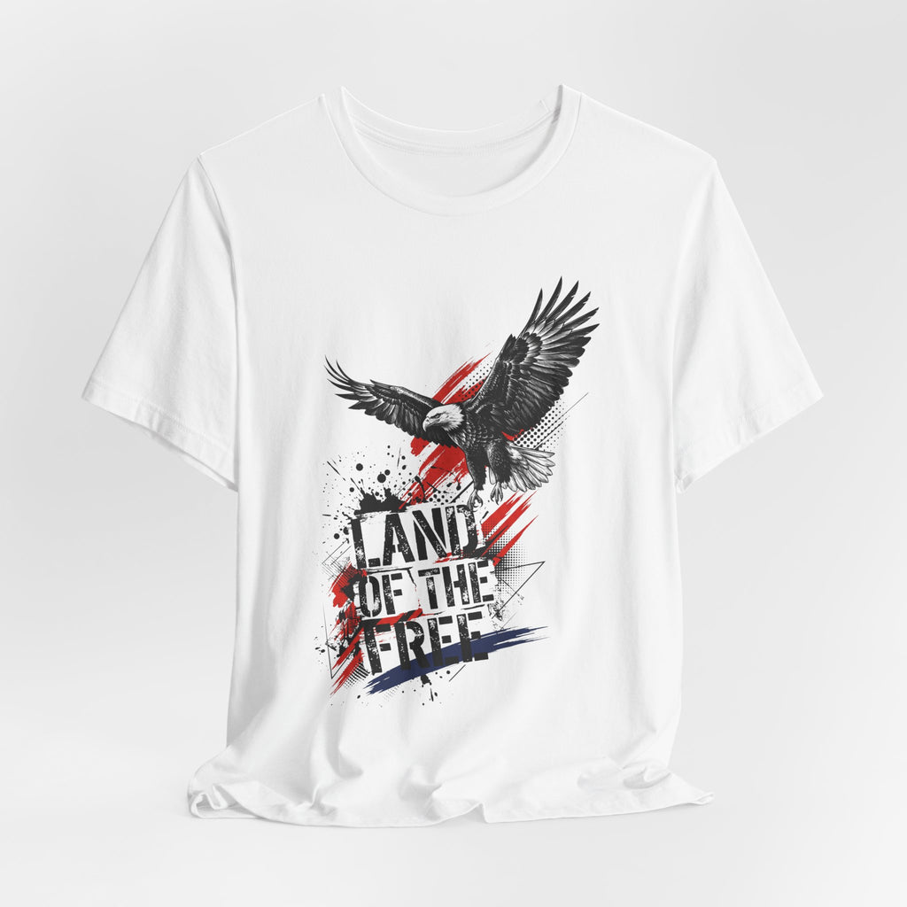White crewneck t-shirt with black eagle wings graphic and distressed patriotic text