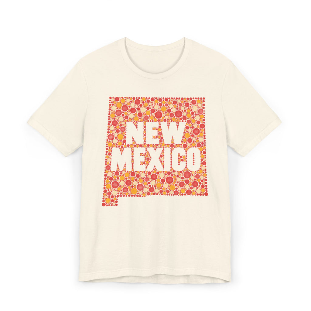Cream short-sleeve T-shirt with colorful “New Mexico” patterned graphic front.