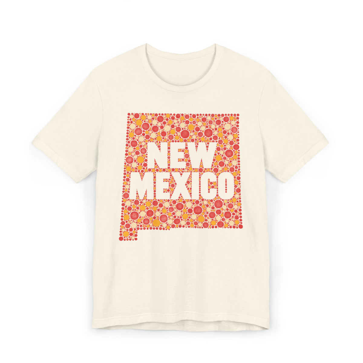 Cream short-sleeve T-shirt with colorful “New Mexico” patterned graphic front.