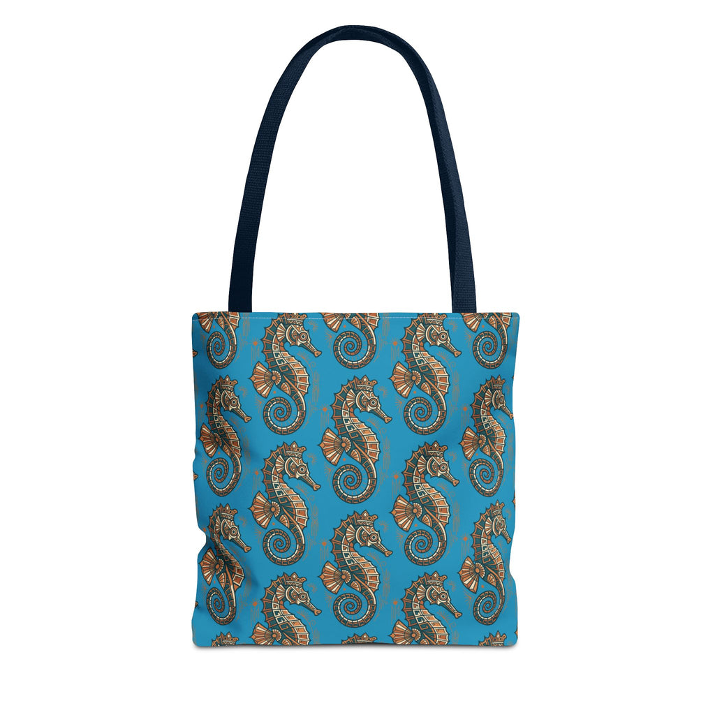 Ocean blue tote bag with steampunk seahorse pattern and navy handles, front view
