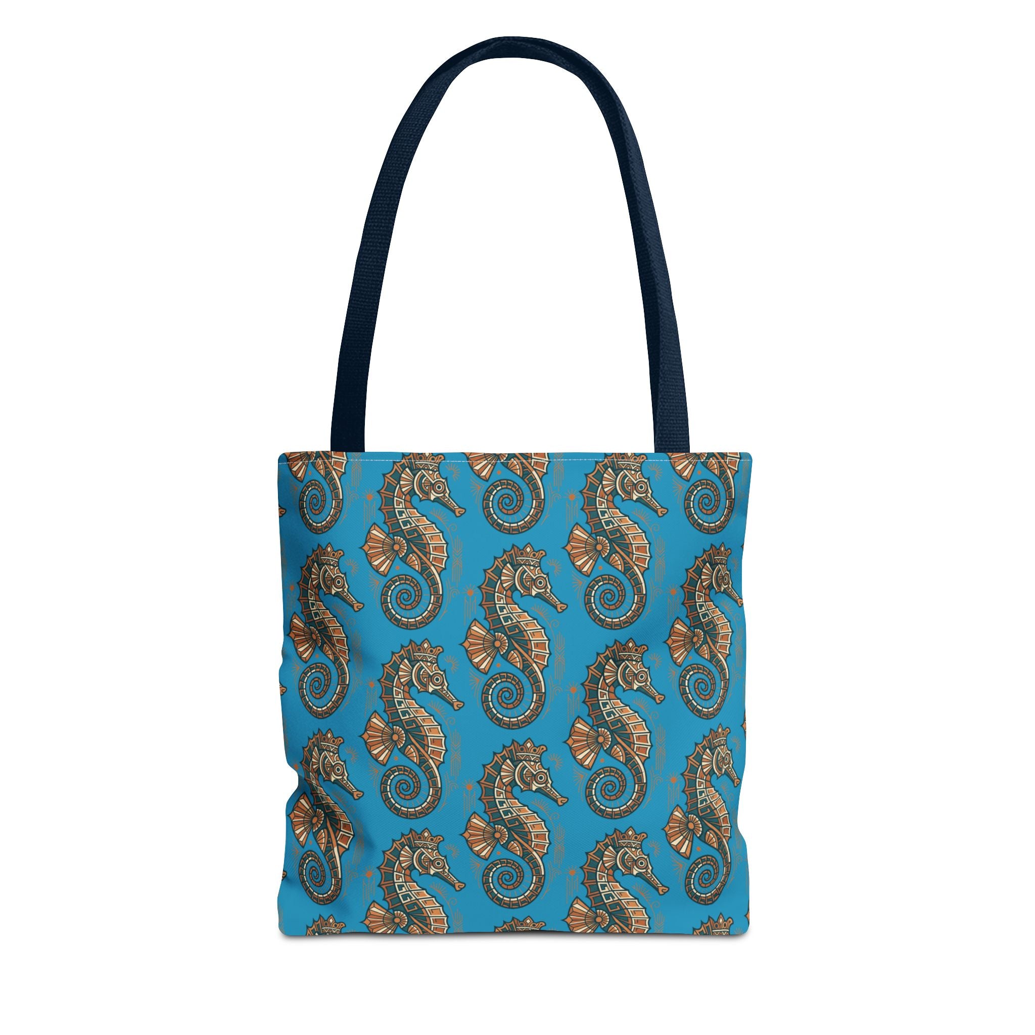 Ocean blue tote bag with steampunk seahorse pattern and navy handles, front view