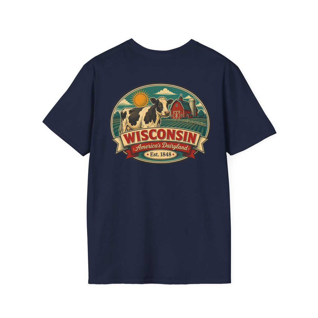 Navy Wisconsin graphic t-shirt with crest logo and cow illustration.