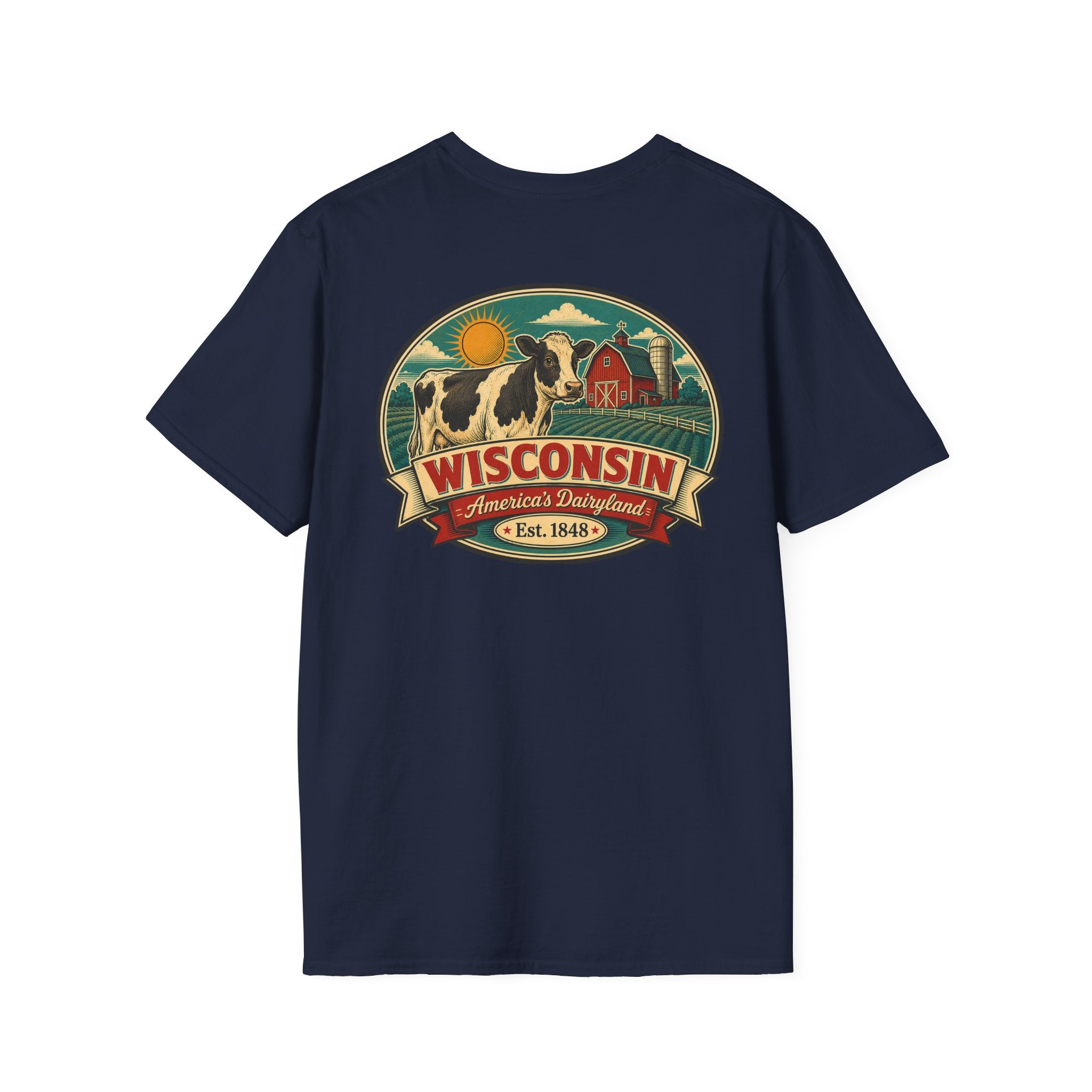 Navy Wisconsin graphic t-shirt with crest logo and cow illustration.