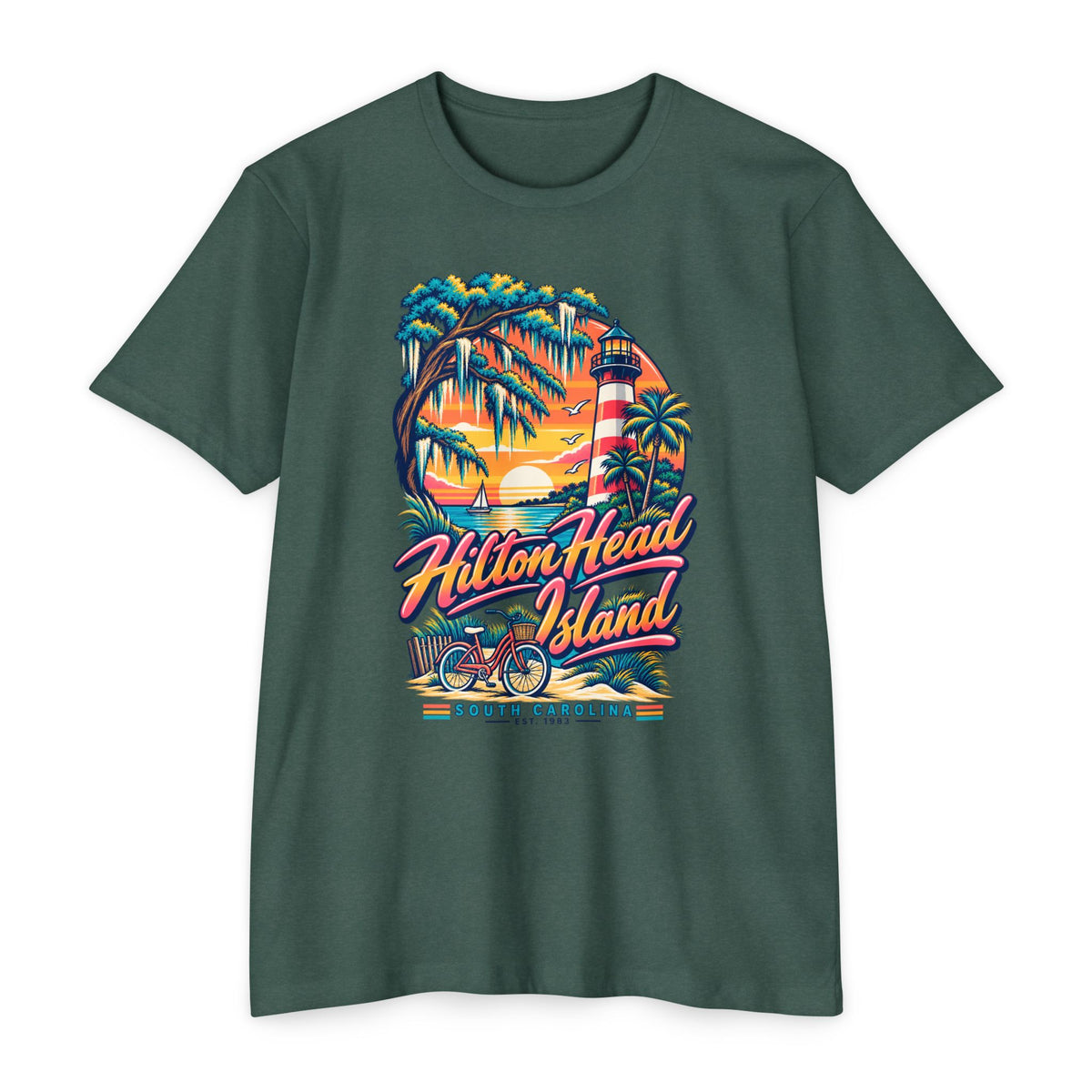 Green T-shirt with colorful lighthouse, palm trees, and bicycle graphic on the chest
