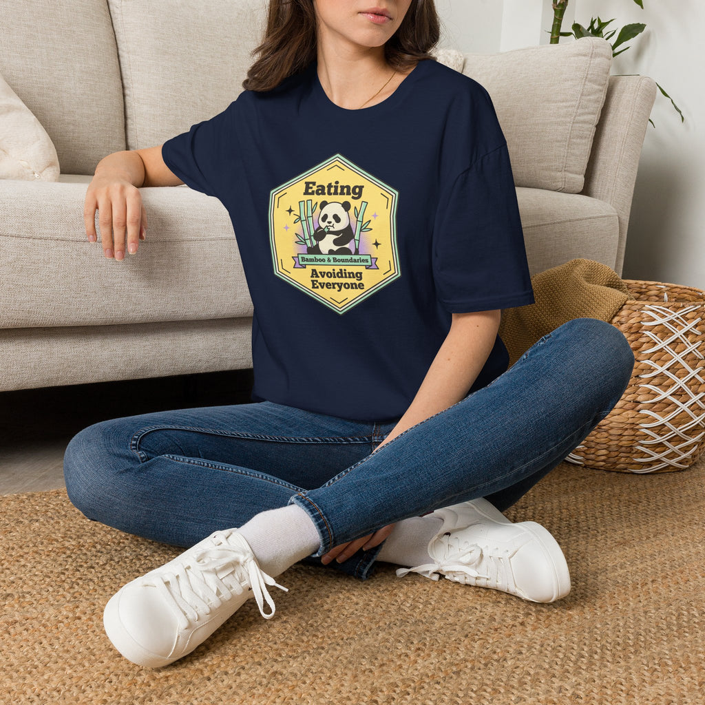 Unisex softstyle T-shirt, navy, panda eating graphic on chest
