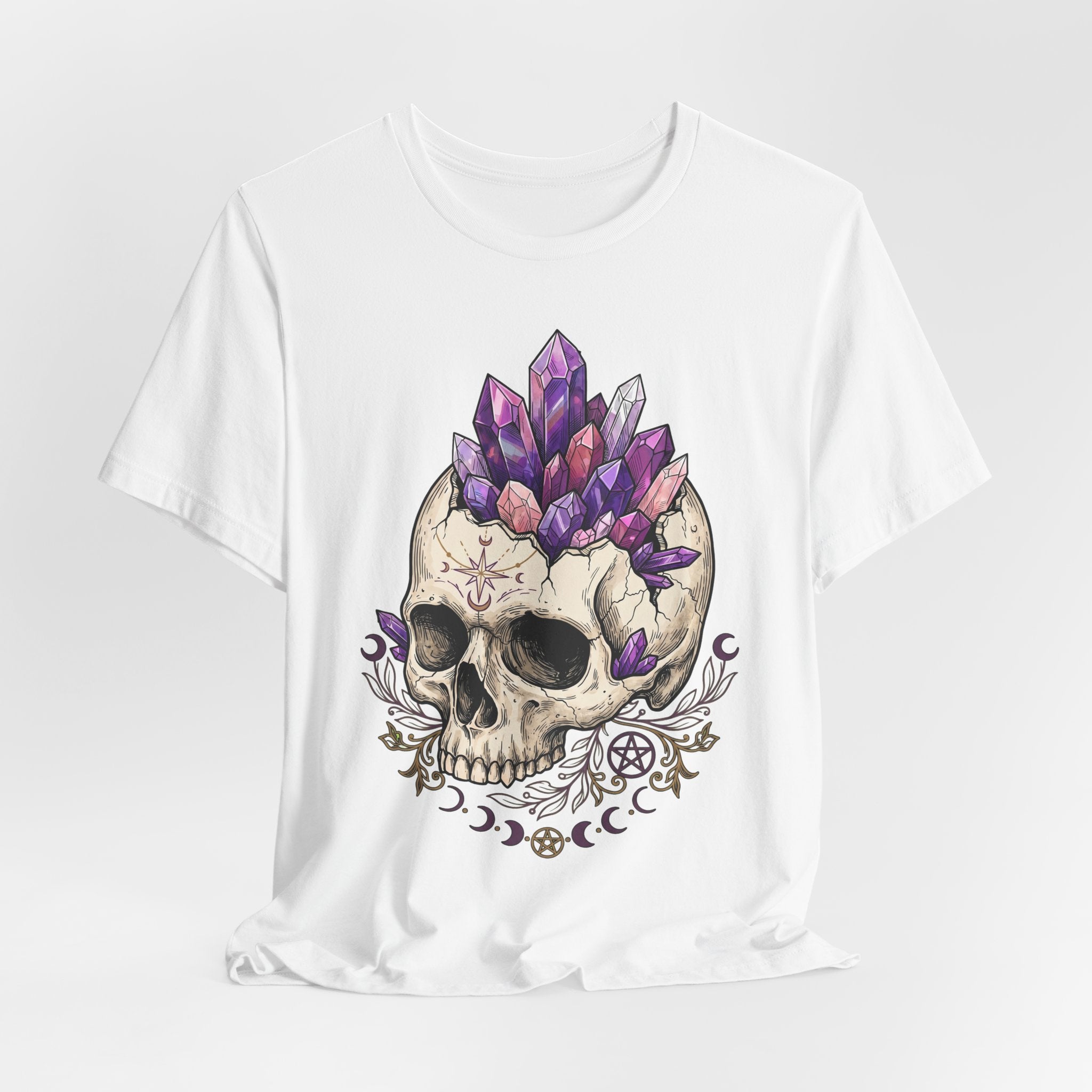 Amethyst crystal skull T-shirt in white with purple crystal skull and ornate details