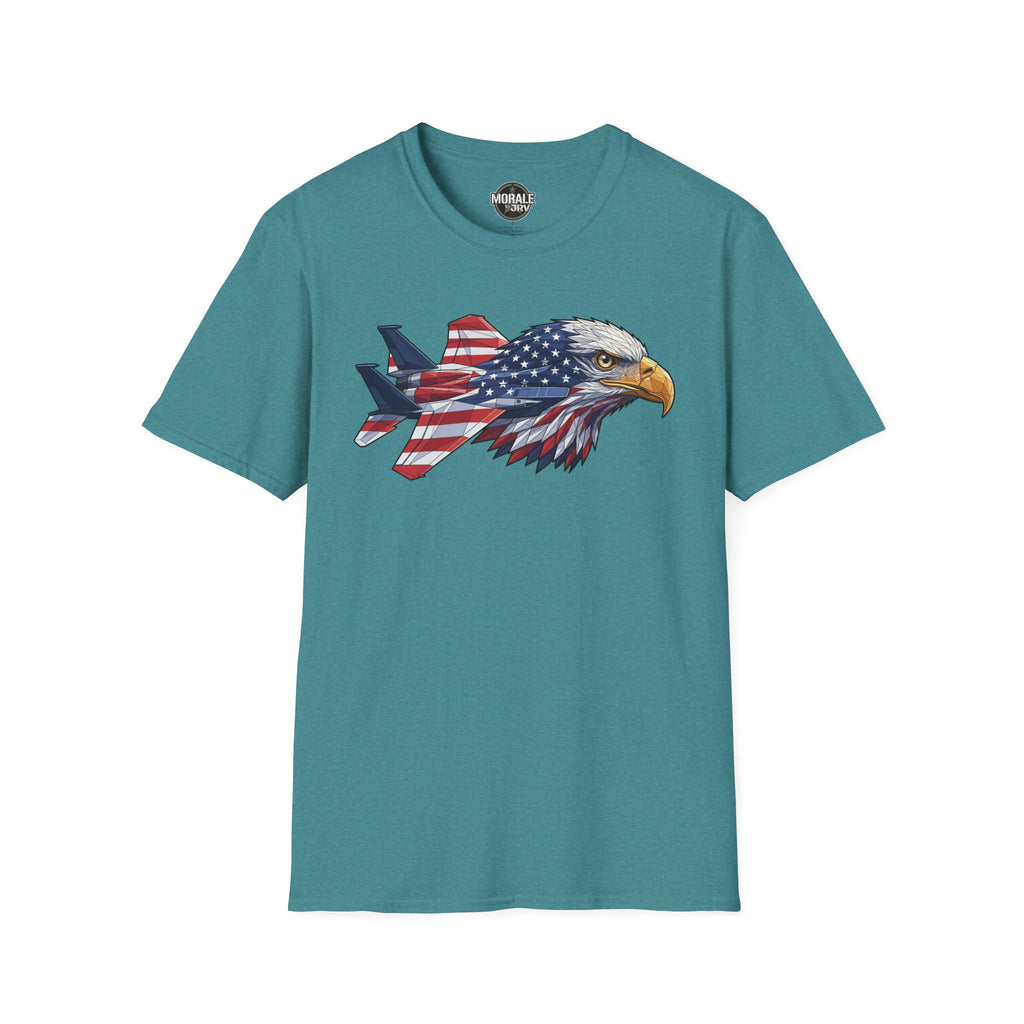 Patriotic eagle graphic T-shirt (teal) with plane and American flag design